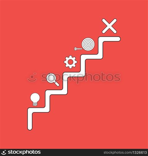 Vector illustration concept of stairs with light bulb bad idea, magnifying glass, gear, bulls eye, miss the target and red x mark. White colored, black outlines and red background.