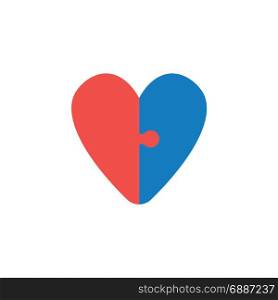 Vector illustration concept of two pieces of heart shaped puzzle icon in blue and red color on white background with flat design style.