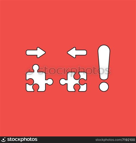 Vector illustration concept of two pieces of jigsaw puzzle that are incompatible with each other and exclamation mark. Red background.