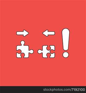 Vector illustration concept of two pieces of jigsaw puzzle that are incompatible with each other and exclamation mark. Red background.