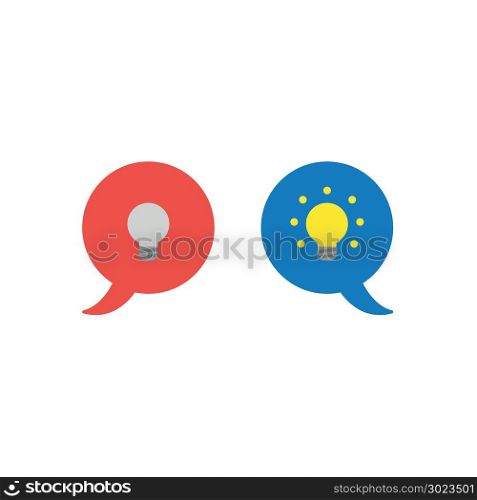 Vector illustration concept of two speech bubbles with grey and glowing light bulbs.