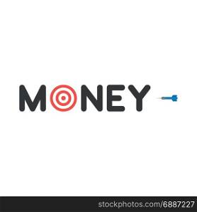 Vector illustration concept with money text. Red and white bulls eye instead of o letter with blue dart beside the text on white background with flat design style.