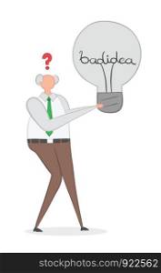 Vector illustration confused boss holding bad idea light bulb. Hand drawn. Colored outlines.
