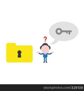 Vector illustration confused businessman character saying key with speech bubble to unlock file folder keyhole.