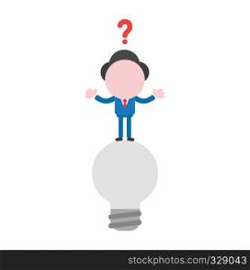 Vector illustration confused businessman character standing on grey light bulb.