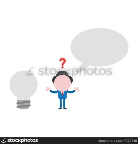 Vector illustration confused businessman character with blank speech bubble and grey light bulb.