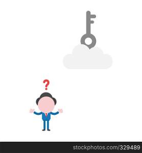 Vector illustration confused businessman character with key on cloud.