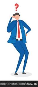Vector illustration confused businessman. Hand drawn. Colored outlines.