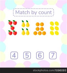 vector illustration. counting game for preschool children. mathematical game. count the items in the picture and choose the right answer. rebus for children. Apples, pears, oranges, lemons.. vector illustration. counting game for preschool children. mathe