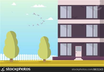 Vector Illustration Courtyard Residential Building. Cartoon image Part a New House Located with Park area Against Sky with Birds at Sunrise. Park with Trees around Residential Building.