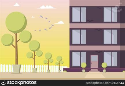 Vector Illustration Courtyard Residential Building. Cartoon image Part a New House Located with Park area Against Sky with Birds at Sunset. Park with Trees around Residential Building.