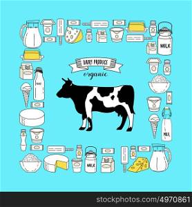 Vector illustration. Cow and milk products set located in the rectangle.