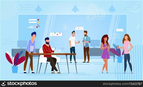 Vector Illustration Coworking Center Cartoon. Modern Workspace for Creative People. Men and Women Work Together Indoors. Man Sits at Table and Works at Laptop. Women Laugh and Talk.