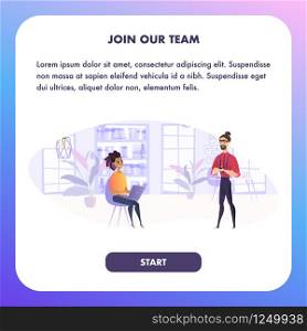 Vector Illustration Cozy Office Workspace Employee. Banner Image Join Our Team Professional. Man and Woman in Work Setting. Two People are Discussing Working Draft. Group Specialist in Their Field