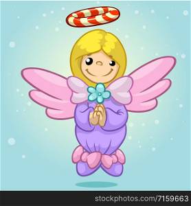 Vector illustration cute Christmas flying angel character with candy nimbus