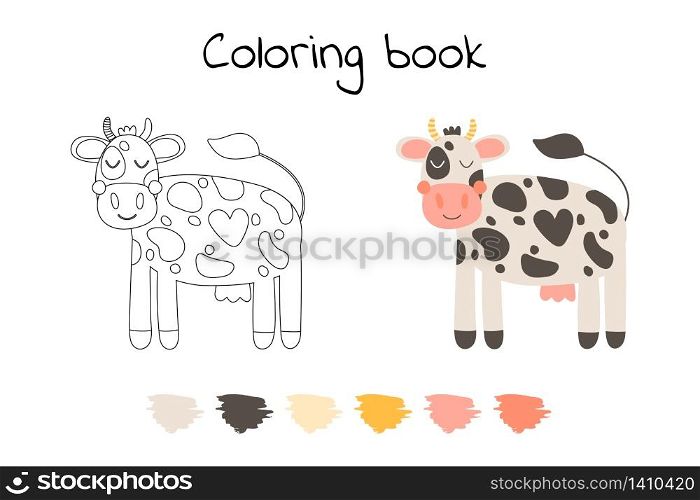 Vector illustration. Cute funny farm animal for kids. Coloring page cartoon cow. Black, white and pink.. Vector illustration. Cute funny farm animal for kids. Coloring page cartoon cow. Black, white and pink