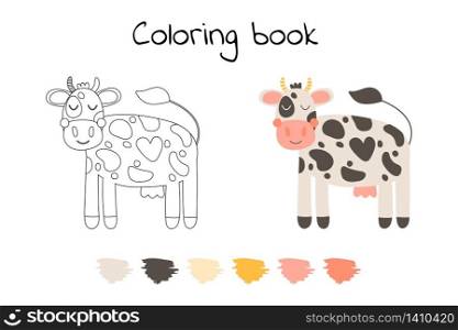 Vector illustration. Cute funny farm animal for kids. Coloring page cartoon cow. Black, white and pink.. Vector illustration. Cute funny farm animal for kids. Coloring page cartoon cow. Black, white and pink