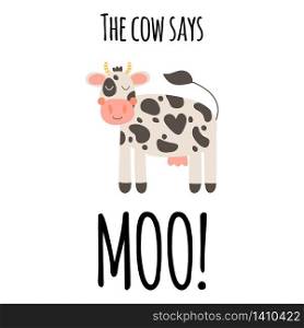 Vector illustration. Cute funny farm animal for kids. Nursery print cartoon cow. Black, white and pink.. Vector illustration. Cute funny farm animal for kids. Nursery print cartoon cow. Black, white and pink