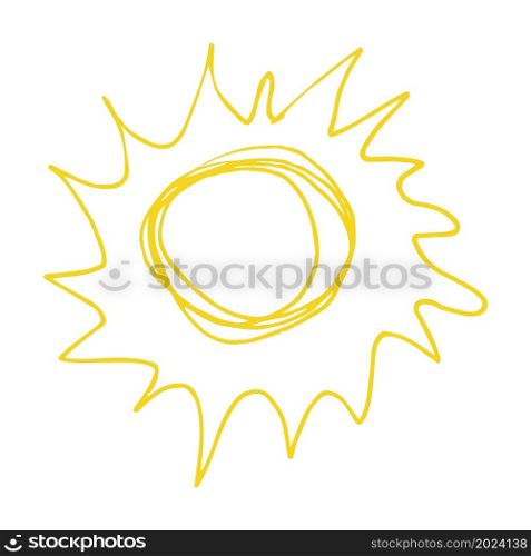 Vector illustration. Cute icon in hand draw style. Sun. Doodle drawing, children&rsquo;s creativity. Sign, symbol, pin, sticker. Icon in hand draw style. Children&rsquo;s creativity