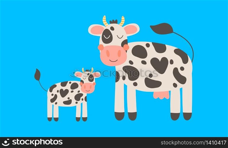 Vector illustration. Cute mother cow with baby. Funny farm animals for kids. Black, white, blue and pink.. Vector illustration. Cute mother cow with baby. Funny farm animals for kids. Black, white, blue and pink
