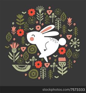 Vector illustration. Cute rabbit in a circular floral pattern, on a dark background.. Funny white rabbit in a circular floral pattern. Vector illustration on a dark background.