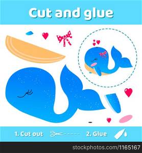 Vector illustration. Cute whale. Education paper game for preschool kids. Use scissors and glue to create the image.. Vector illustration. Cute whale. Education paper game for presch