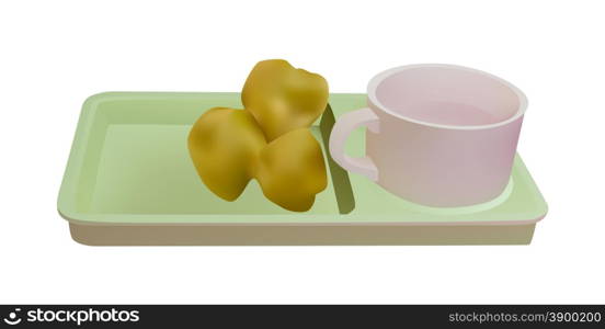 Vector illustration deep-fried doughstick or chinese bread with hot water mug on plate