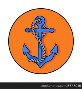 Vector illustration depicting blue anchor intertwined in thick rope superimposed on backdrop. Circle banner with orange background.. Circle Banner Depicting Anchor with Rope Around it