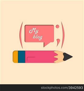 Vector illustration design blog. Social Blog. On the background of a die a pencil and a text. Bright,colorful design of your blog.