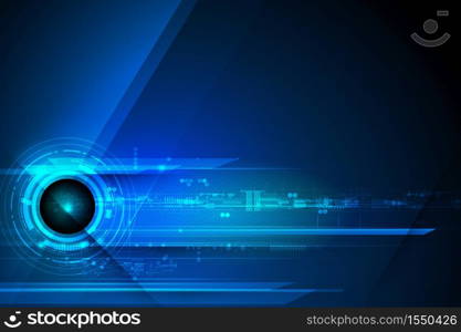 Vector illustration design, digital eyeball and line on circuit board. High tech computer, science technology. Abstract futuristic communication concept. Dark blue color background