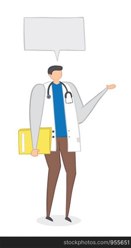 Vector illustration doctor holding folder and talking. Hand drawn. Colored outlines.