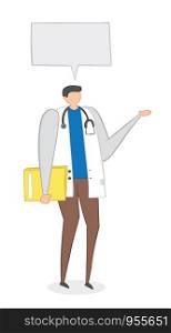 Vector illustration doctor holding folder and talking. Hand drawn. Colored outlines.