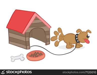 Vector illustration dog, doghouse, food and bone. Hand drawn. Colored outlines.