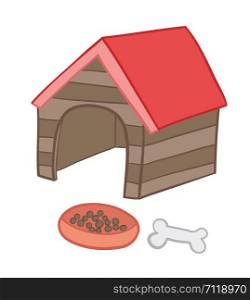 Vector illustration dog kennel, food and bone. Hand drawn. Colored outlines.