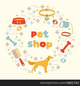 Vector illustration Dog, paw tracks, bone, bowl, collar, leash on white background. Pet shop, veterinary clinic, shelter concept. Animal background. Pet care accessory. Design for website, print