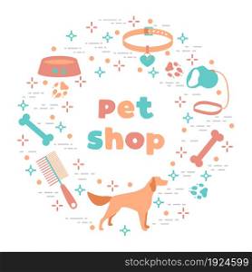 Vector illustration Dog, paw tracks, bone, bowl, collar, leash on white background. Pet shop, veterinary clinic, shelter concept. Animal background. Pet care accessory. Design for website, print