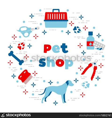 Vector illustration Dog, paw tracks, bone, comb, scissors, carrying, medicine, clipper on white background. Pet shop, veterinary clinic, shelter background Pet care accessory Design for website, print