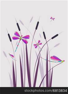Vector illustration dragonfly. Vector illustration dragonflies in the grass on a purple background