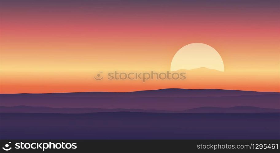 Vector illustration Dramatic morning sunrise with sky line in orange yellow and magenta mountains background.Template design for product or advertising, travel or nature display backdrop and banner