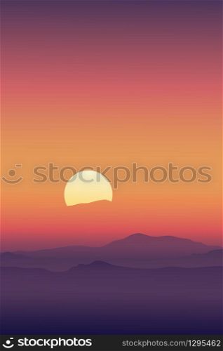Vector illustration Dramatic morning sunrise with sky line in orange yellow and magenta mountains background.Vertical design for product or advertising, travel or nature display backdrop and banner