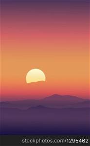 Vector illustration Dramatic morning sunrise with sky line in orange yellow and magenta mountains background.Vertical design for product or advertising, travel or nature display backdrop and banner
