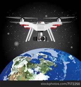 Vector Illustration Drone Outer Space Earth