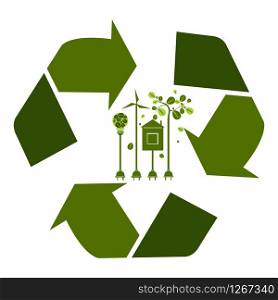 Vector illustration. Eco friendly. Ecology green energy concept with Recycle symbol and tree. . Eco friendly. Ecology green energy concept with Recycle symbol and tree. Vector illustration.