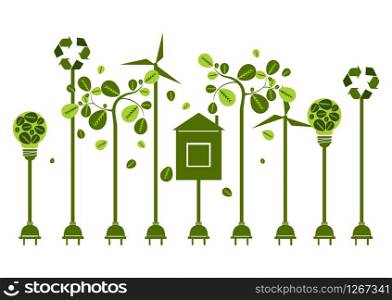 Vector illustration. Eco friendly. Ecology green energy concept with Recycle symbol and tree. . Eco friendly. Ecology green energy concept with Recycle symbol and tree. Vector illustration.