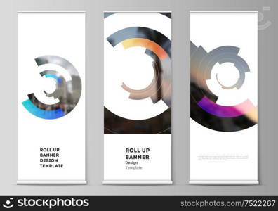 Vector illustration editable layout of roll up banner stands, vertical flyers, flags design business templates. Futuristic design circular pattern, circle elements forming geometric frame for photo.. Vector illustration editable layout of roll up banner stands, vertical flyers, flags design business templates. Futuristic design circular pattern, circle elements forming geometric frame for photo