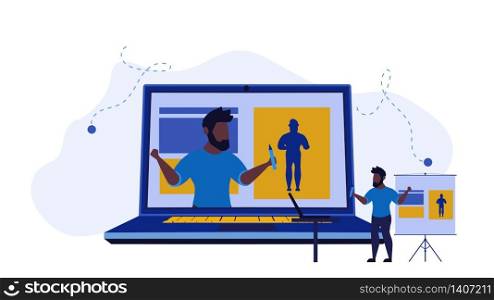 Vector illustration education drawing online concept student teaching. Graphic background cartoon training design. Internet learning creative course knowledge. Trendy webinar on distance video tutor