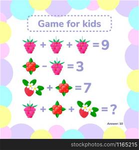 Vector illustration. Educational a mathematical game. Logic task for children. Addition, subtraction