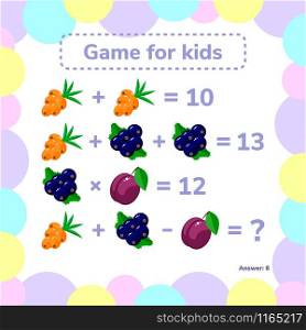 Vector illustration. Educational a mathematical game. Logic task for children. Addition, subtraction, multiplication