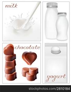 Vector illustration. Elements for design of packing milk dairy. Milky splash. Chocolate.
