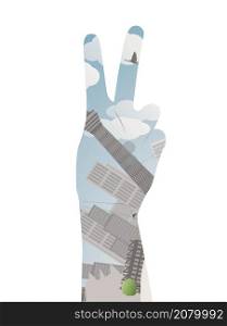 Vector illustration eps10 of a hand with victory sign Double exposure